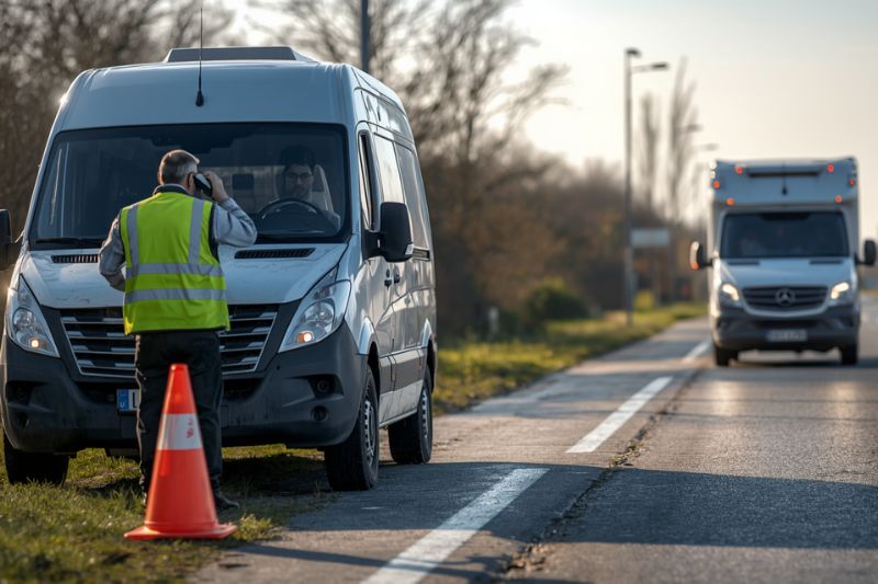 Kierowca wzywa pomoc drogową w Koninie i okolicach przy unieruchomionym aucie dostawczym na poboczu
